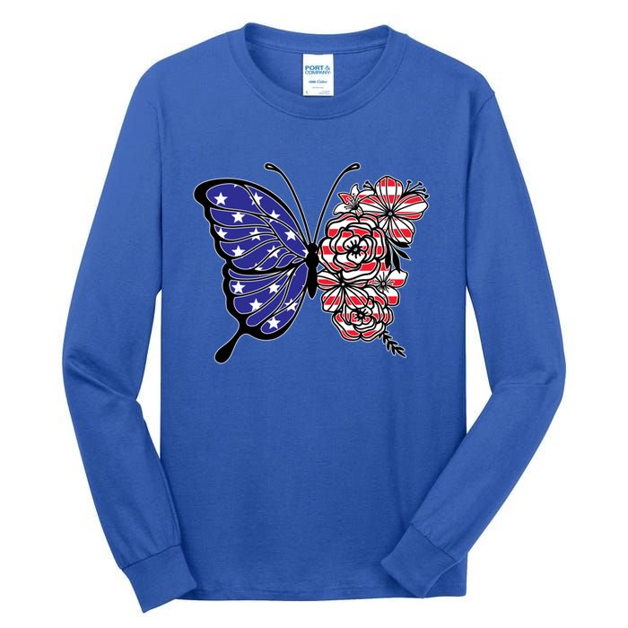 Floral Butterfly American Flag 4th Of July Gift Tall Long Sleeve T-Shirt