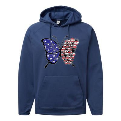 Floral Butterfly American Flag 4th Of July Gift Performance Fleece Hoodie