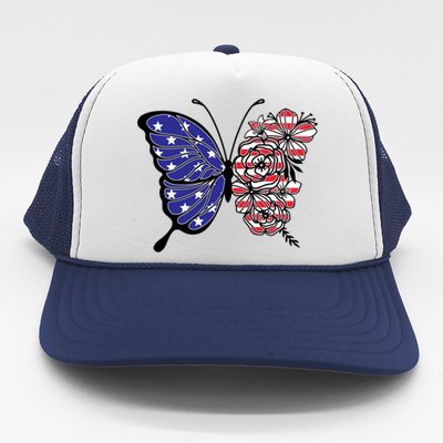 Floral Butterfly American Flag 4th Of July Gift Trucker Hat