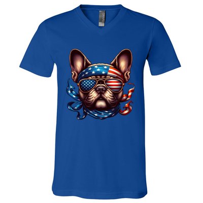 French Bulldog American Usa Flag Sunglasses 4th Of July Great Gift V-Neck T-Shirt