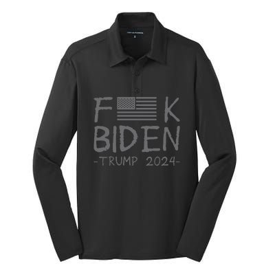 Fuck Biden American Flag Donald Trump 2024 Grey Silk Touch Performance Long Sleeve Polo