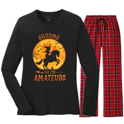 Funny Brooms Are For Amateurs Witch Riding Horse Halloween Women's Long Sleeve Flannel Pajama Set 