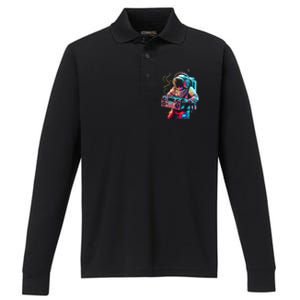 Funky Boombox Astronaut In Space Graphic And Teens Gift Performance Long Sleeve Polo