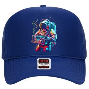 Funky Boombox Astronaut In Space Graphic And Teens Gift High Crown Mesh Back Trucker Hat