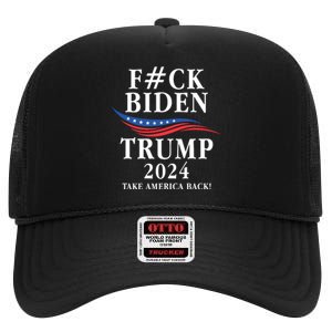 Fuck Biden American President Donald Trump 2024 Election US Flag High Crown Mesh Back Trucker Hat