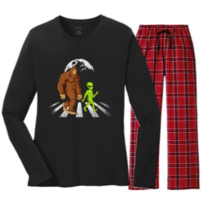 Funny Bigfoot Alien Moon Sasquatch Ufo Space Women's Long Sleeve Flannel Pajama Set 