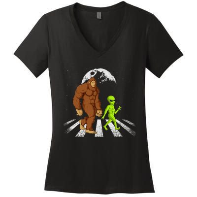 Funny Bigfoot Alien Moon Sasquatch Ufo Space Women's V-Neck T-Shirt