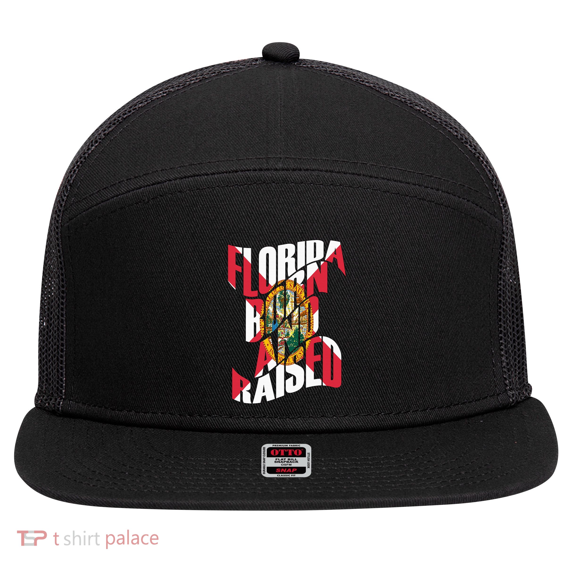 Florida Born And Raised Florida Flag 7 Panel Mesh Trucker Snapback Hat