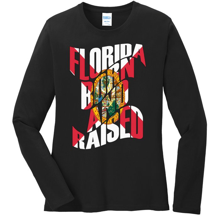 Florida Born And Raised Florida Flag Ladies Long Sleeve Shirt