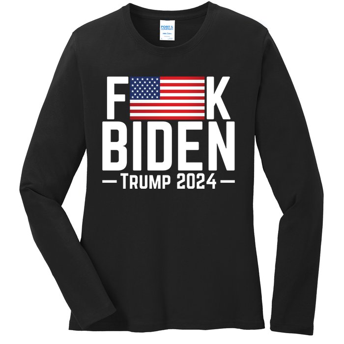 Fuck Biden American Flag Trump 2024 Shirt Ladies Long Sleeve Shirt