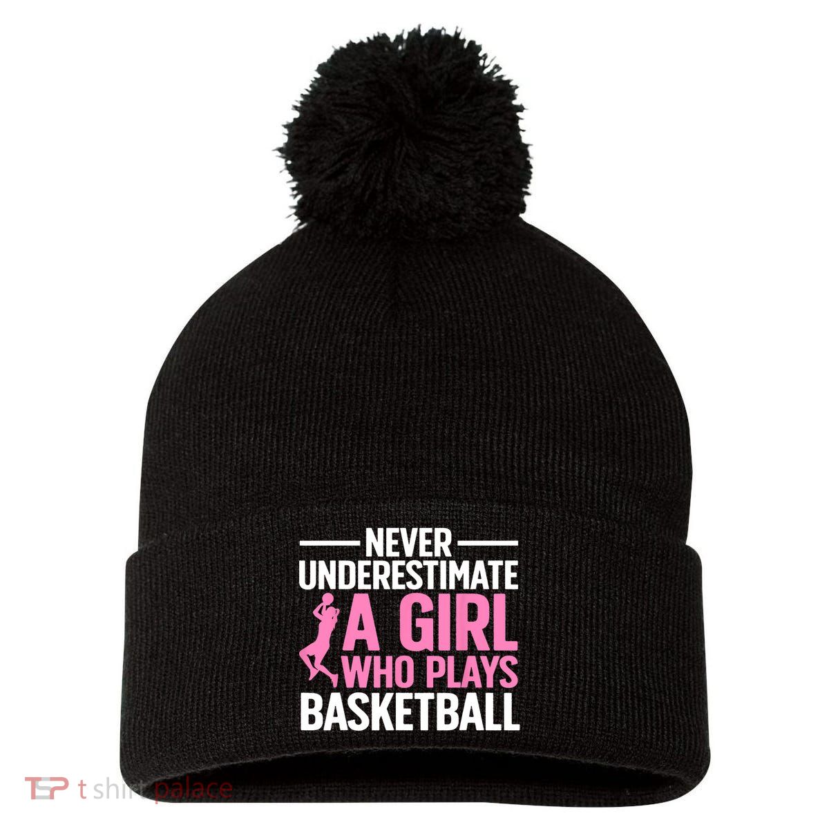 Funny Basketball Art For Girls Teens Basketball Player Pom Pom 12in Knit Beanie