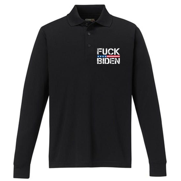 Fuck Biden American Flag Funny Anti Biden Fuck Joe Biden Performance Long Sleeve Polo