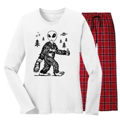 Funny Bigfoot Alien UFO Sasquatch Men Women Gifts Women's Long Sleeve Flannel Pajama Set 