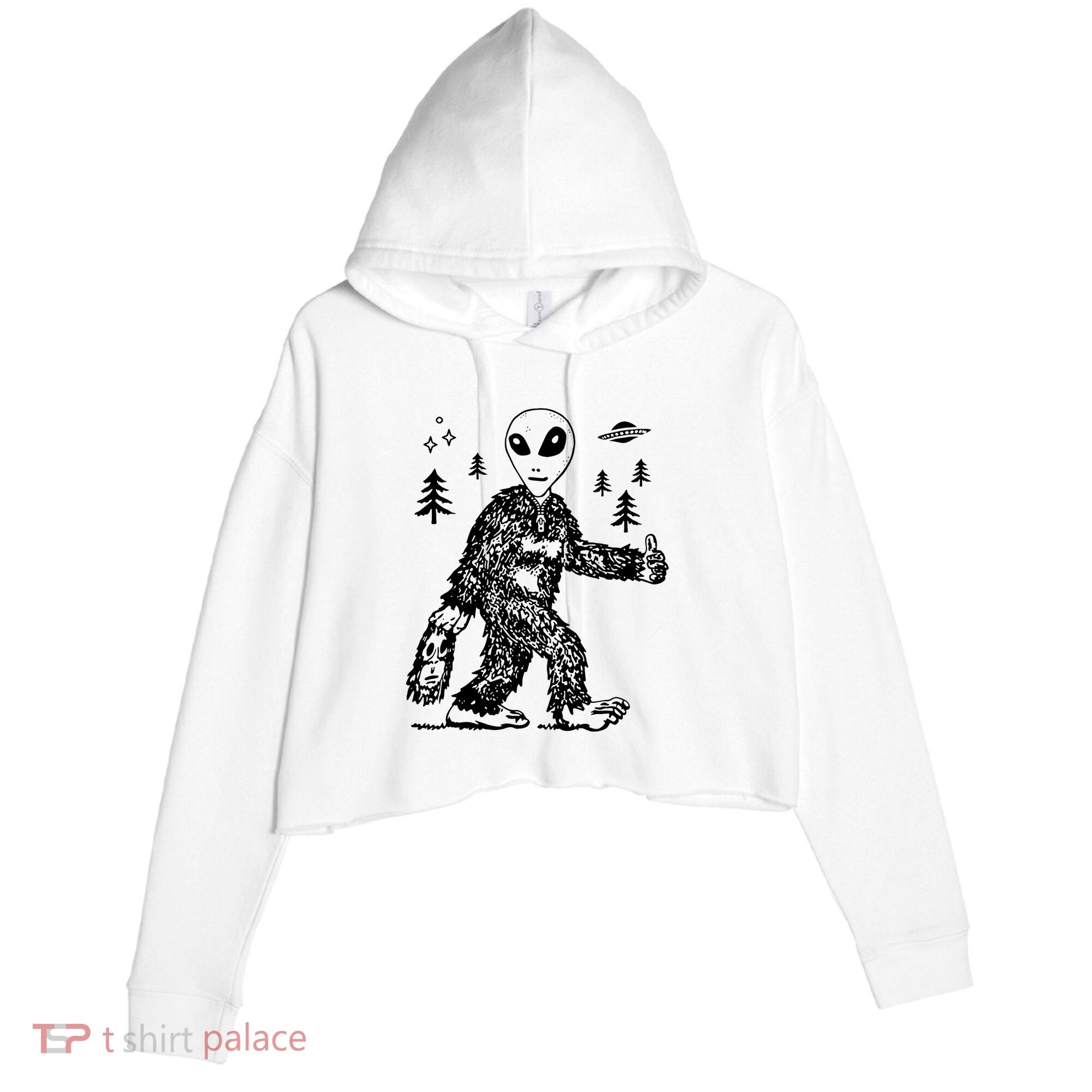 Funny Bigfoot Alien UFO Sasquatch Men Women Gifts Crop Fleece Hoodie