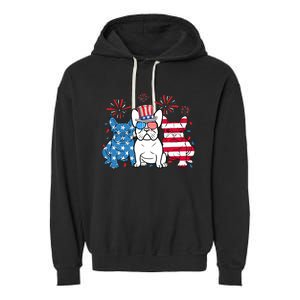 French Bulldog American Flag Fireworks 4th Of July Dog Lover Garment-Dyed Fleece Hoodie