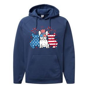 French Bulldog American Flag Fireworks 4th Of July Dog Lover Performance Fleece Hoodie