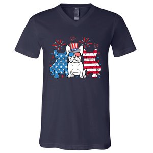 French Bulldog American Flag Fireworks 4th Of July Dog Lover V-Neck T-Shirt