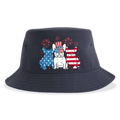 French Bulldog American Flag Fireworks 4th Of July Dog Lover Sustainable Bucket Hat