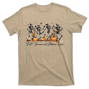 Fall Breeze And Autumn Leaves Skeleton Dancing Halloween T-Shirt