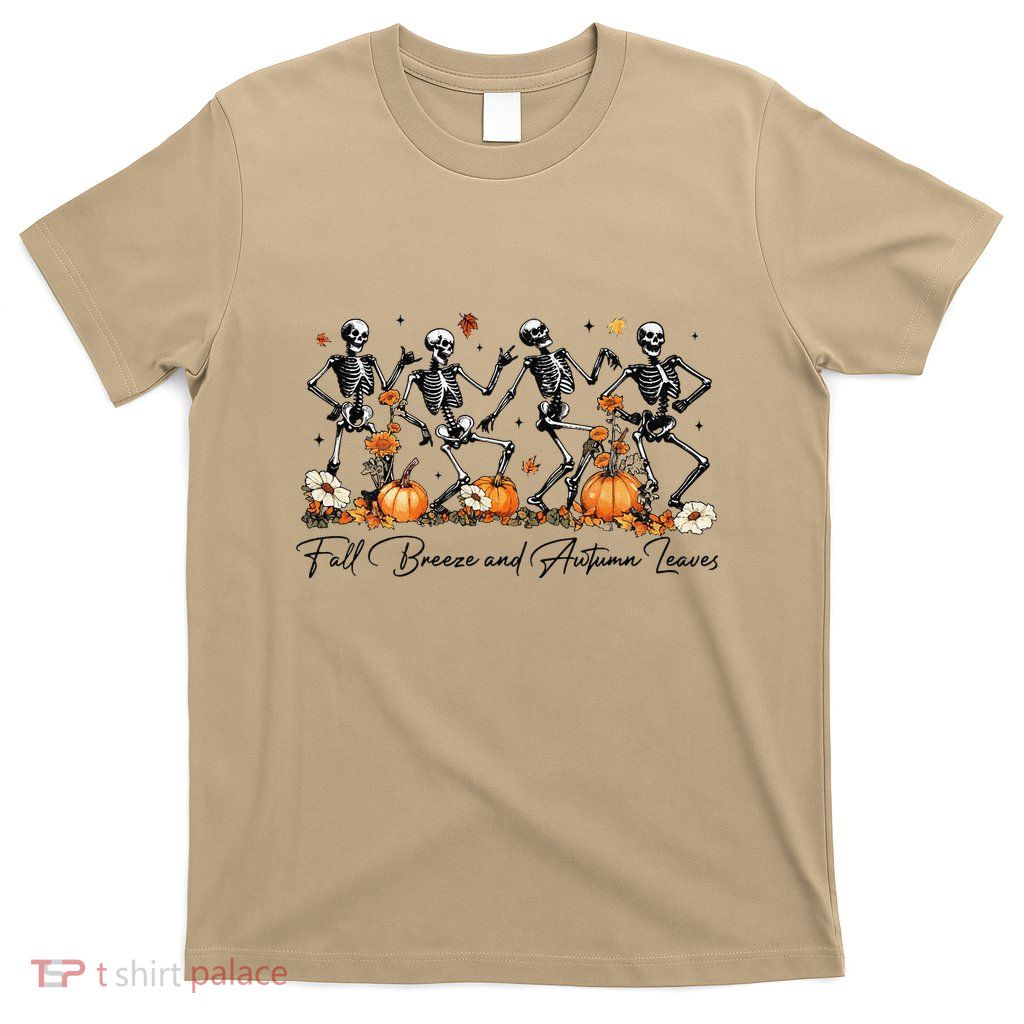 Fall Breeze And Autumn Leaves Skeleton Dancing Halloween T-Shirt