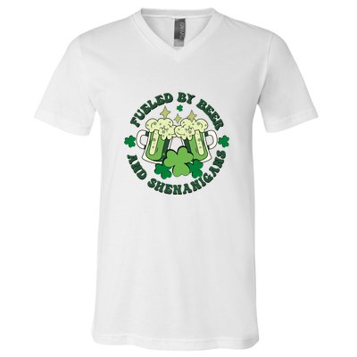 Fueled By Beer And Shenanigans Retro St Patricks Day Irish V-Neck T-Shirt