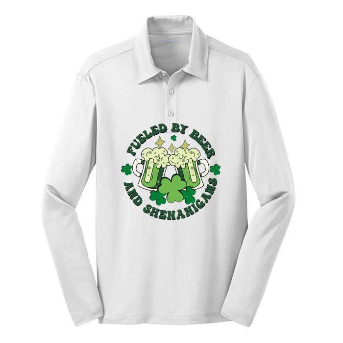 Fueled By Beer And Shenanigans Retro St Patricks Day Irish Silk Touch Performance Long Sleeve Polo