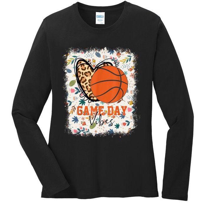 Floral Bleached Basketball Game Day Vibes Basketball Mom Ladies Long Sleeve Shirt