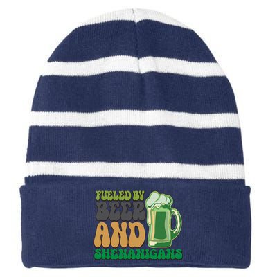 Fueled By Beer And Shenanigans Striped Beanie with Solid Band