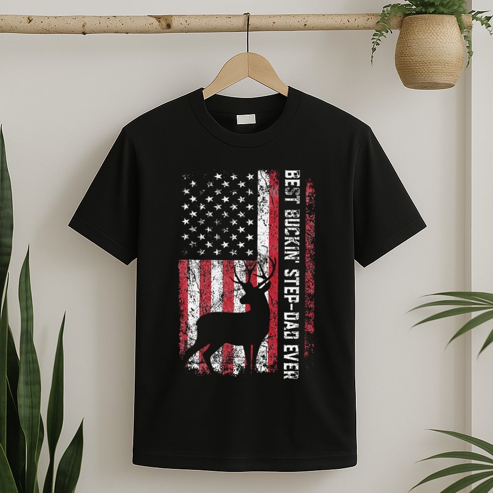 Flag Best Buckin Step Dad Ever Deer Hunting Fathers Day T-Shirt