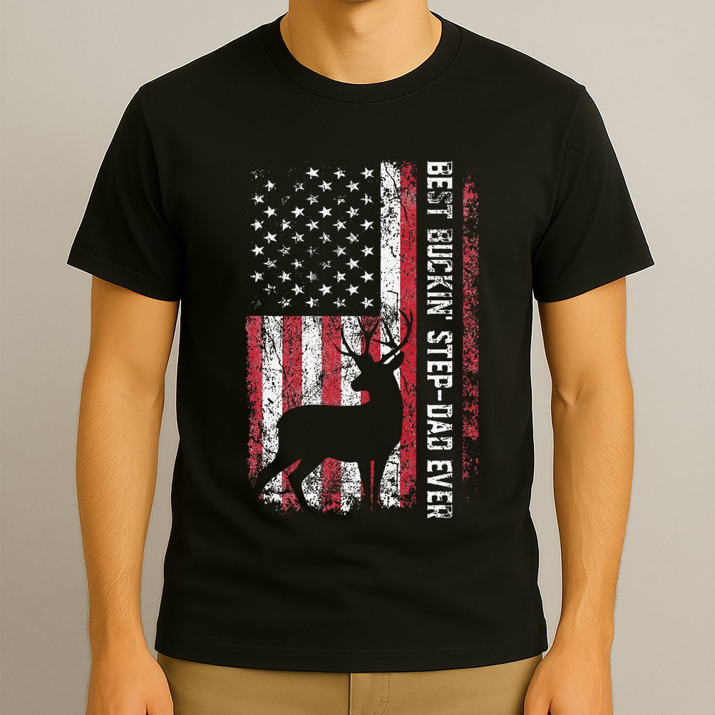 Flag Best Buckin Step Dad Ever Deer Hunting Fathers Day T-Shirt