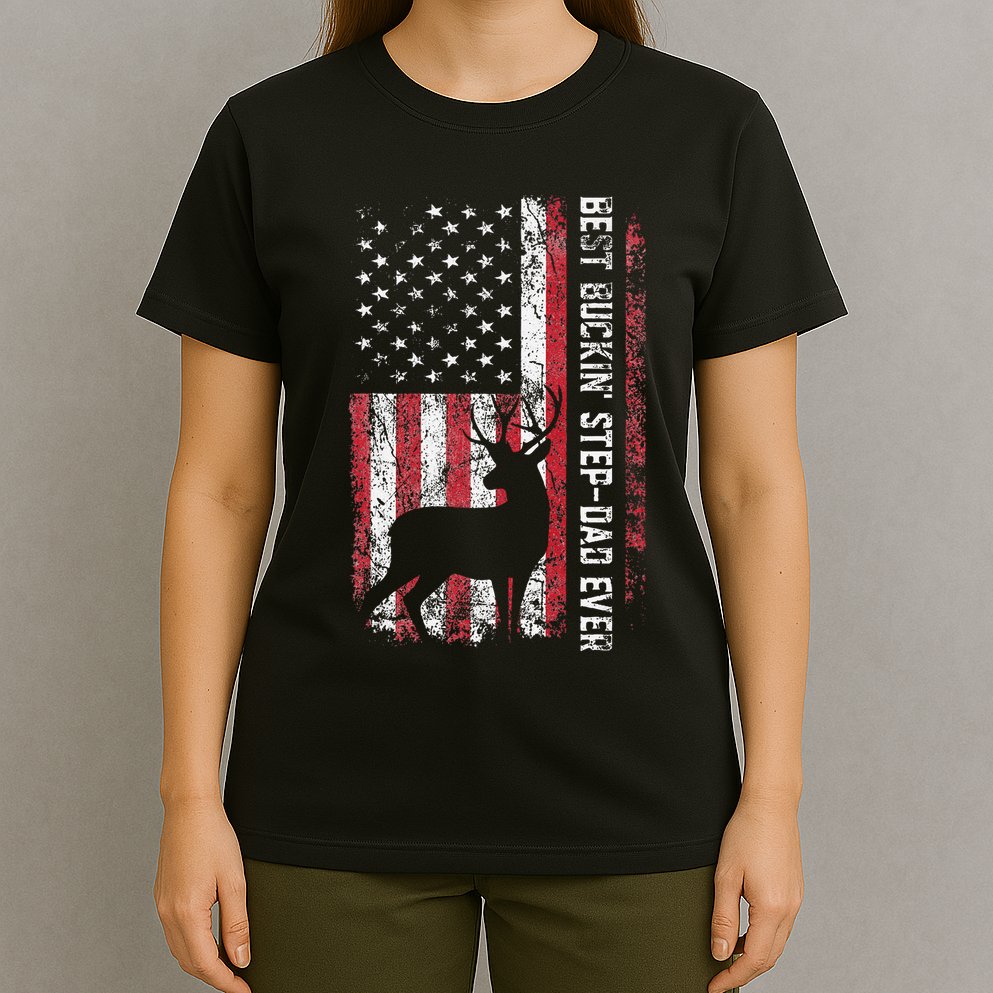 Flag Best Buckin Step Dad Ever Deer Hunting Fathers Day T-Shirt