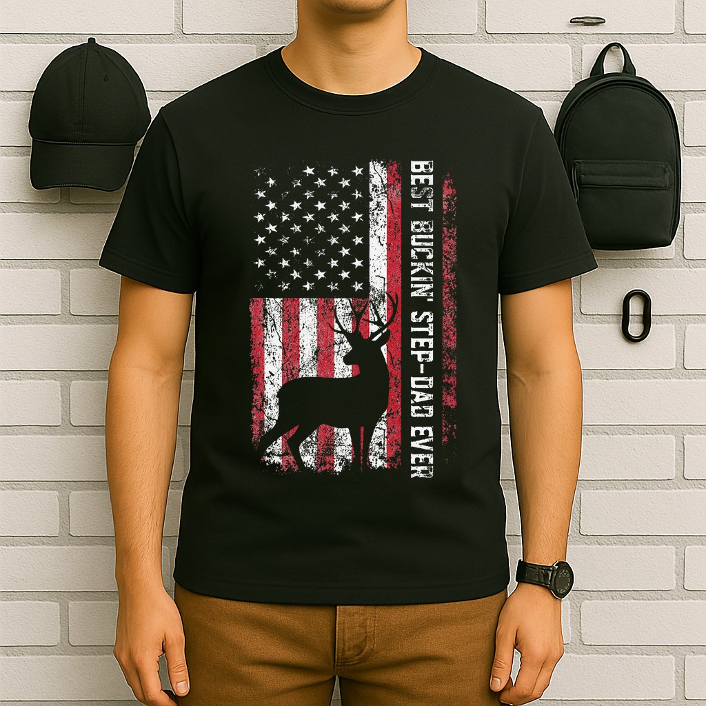 Flag Best Buckin Step Dad Ever Deer Hunting Fathers Day T-Shirt