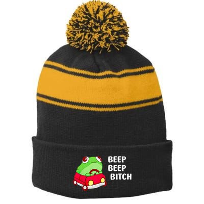Frog Beep Beep Bitch Stripe Pom Pom Beanie