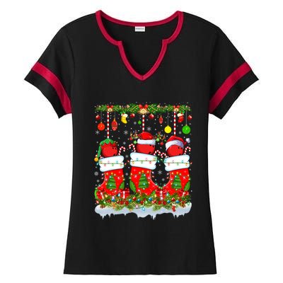 Funny Bowling Ball In Xmas Socks Lights Bowling Christmas Gift Ladies Halftime Notch Neck Tee