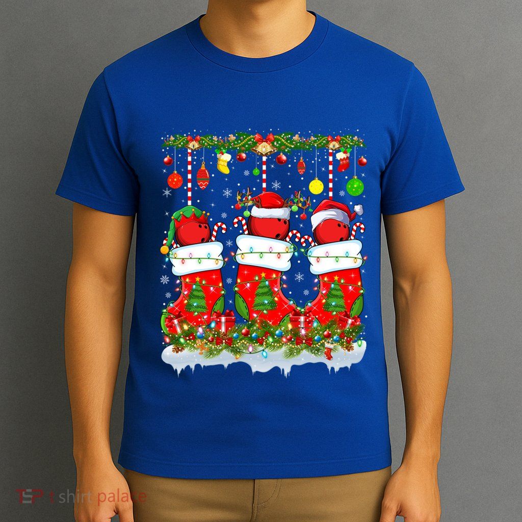 Funny Bowling Ball In Xmas Socks Lights Bowling Christmas Gift T-Shirt