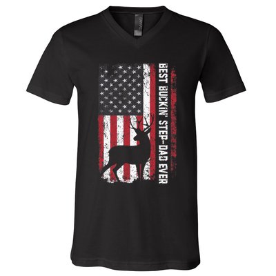 Flag Best Buckin' Step-Dad Ever Deer Hunting Father's Day V-Neck T-Shirt