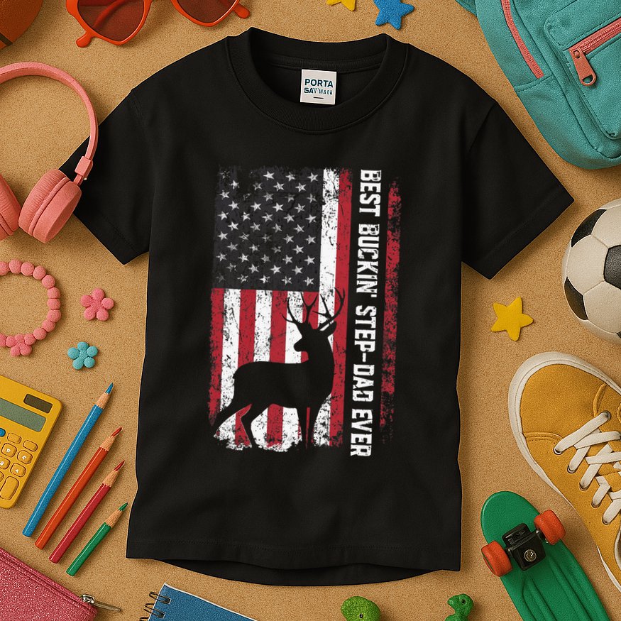 Flag Best Buckin' Step-Dad Ever Deer Hunting Father's Day Kids T-Shirt