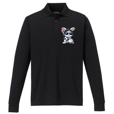 Funny Baseball Bunny Easter Performance Long Sleeve Polo