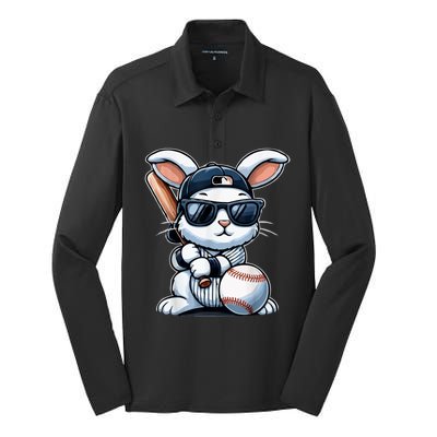 Funny Baseball Bunny Easter Silk Touch Performance Long Sleeve Polo