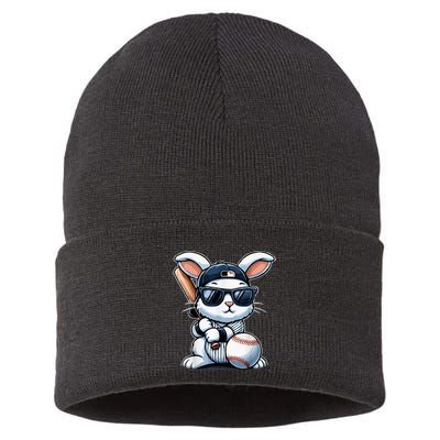 Funny Baseball Bunny Easter Sustainable Knit Beanie