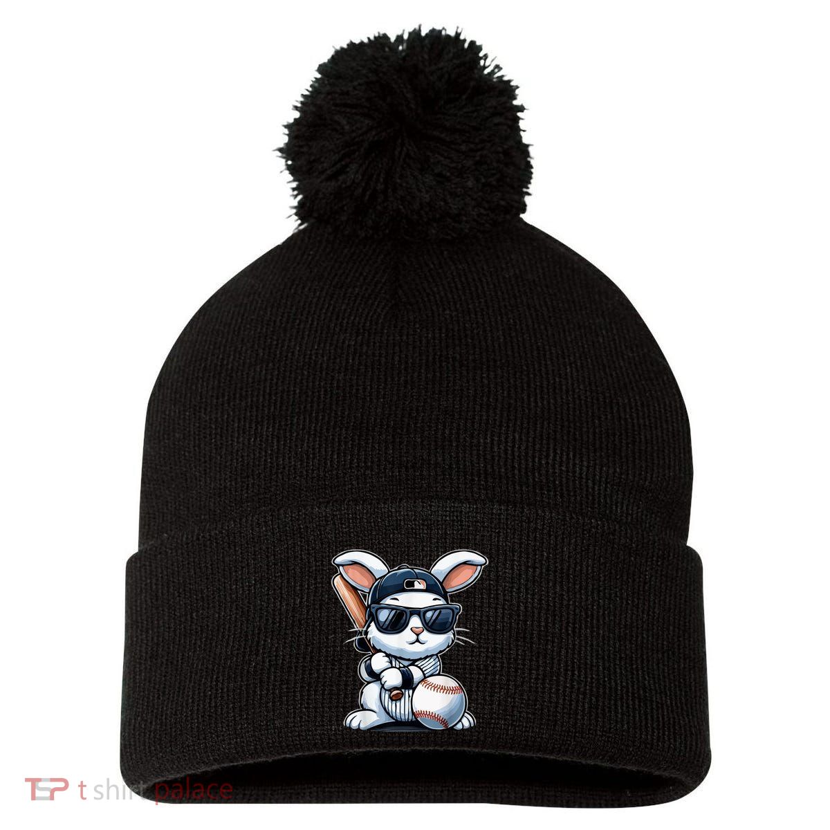 Funny Baseball Bunny Easter Pom Pom 12in Knit Beanie