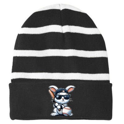 Funny Baseball Bunny Easter Striped Beanie with Solid Band