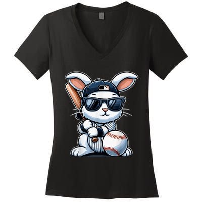 Funny Baseball Bunny Easter Women's V-Neck T-Shirt