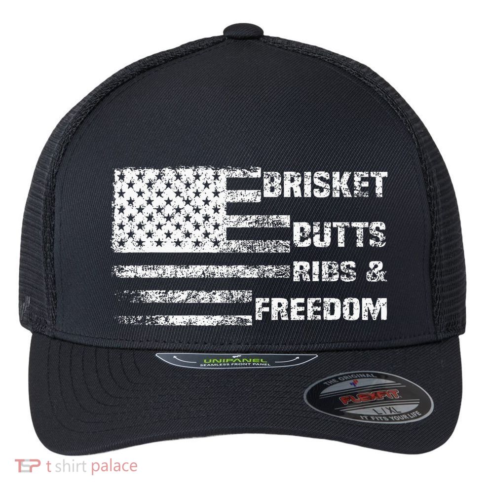 Funny Bbq Brisket Butts Ribs And Freedom Funny Grilling Flexfit Unipanel Trucker Cap