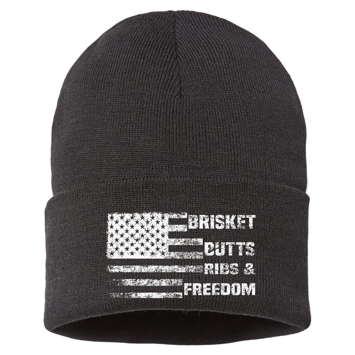 Funny Bbq Brisket Butts Ribs And Freedom Funny Grilling Sustainable Knit Beanie