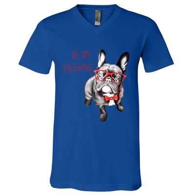 French Bulldog Be My Valentine With Red Glasses Gift V-Neck T-Shirt