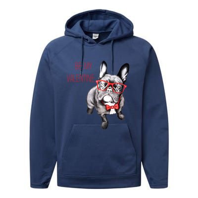 French Bulldog Be My Valentine With Red Glasses Gift Performance Fleece Hoodie