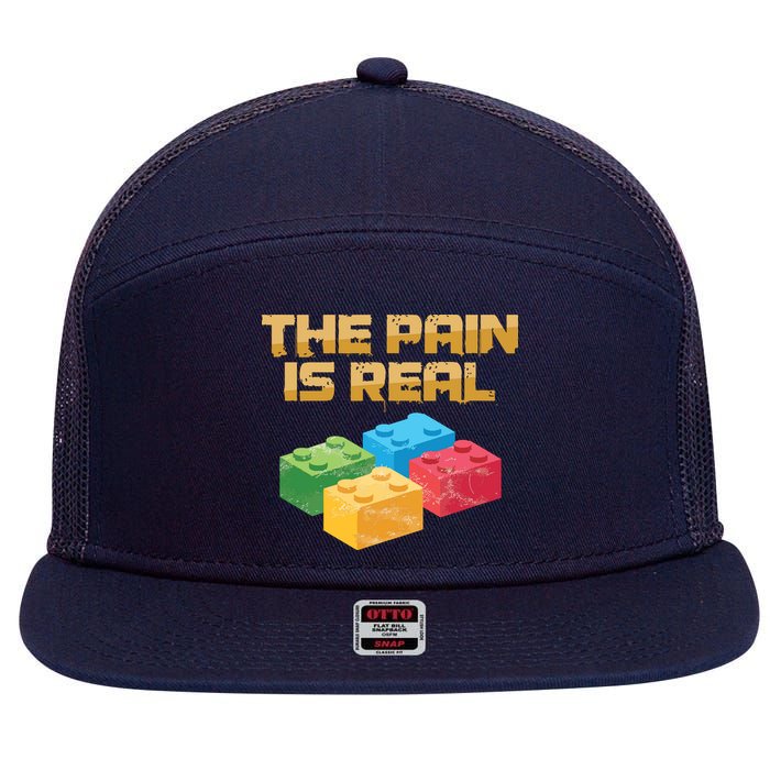 Funny Building Blocks Bricks Builder Pain Is Real Gift 7 Panel Mesh Trucker Snapback Hat