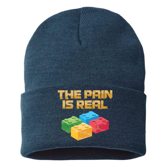 Funny Building Blocks Bricks Builder Pain Is Real Gift Sustainable Knit Beanie