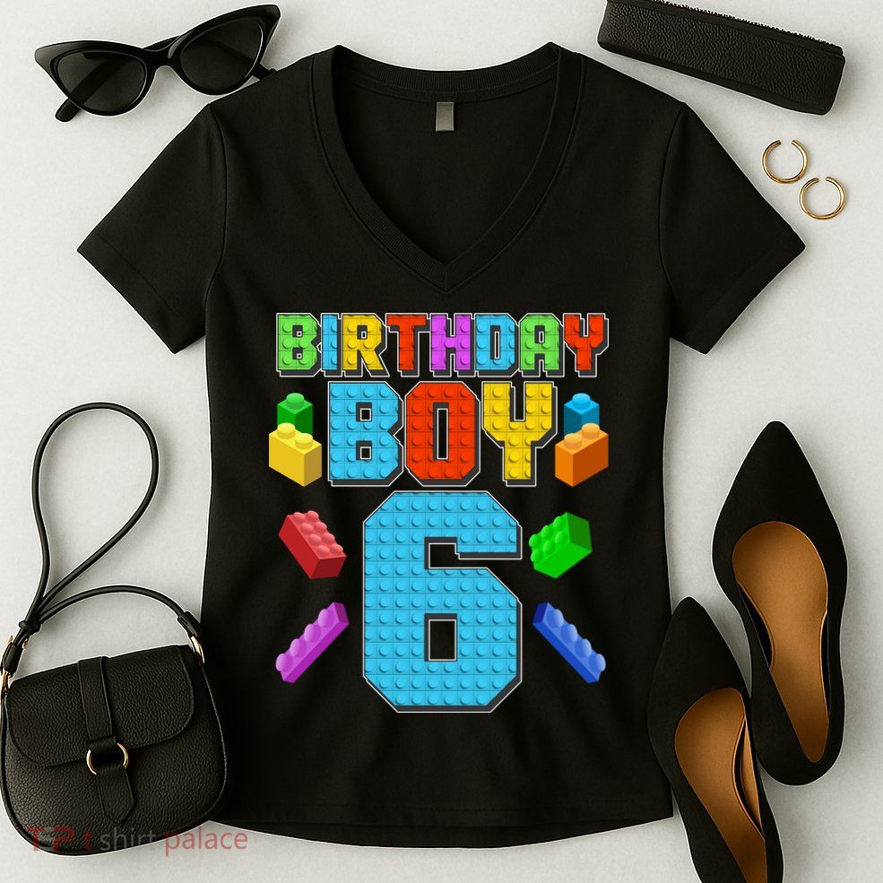 Funny Birthday Boy 6th Birthday Lego Master Builder Women's V-Neck T-Shirt
